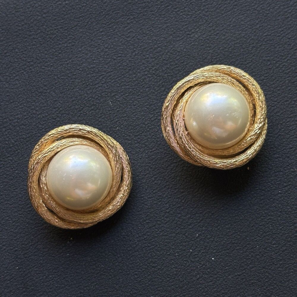 Vintage Ciner Gold Tone Clip On Earrings Faux Pearl Swirl Statement Signed